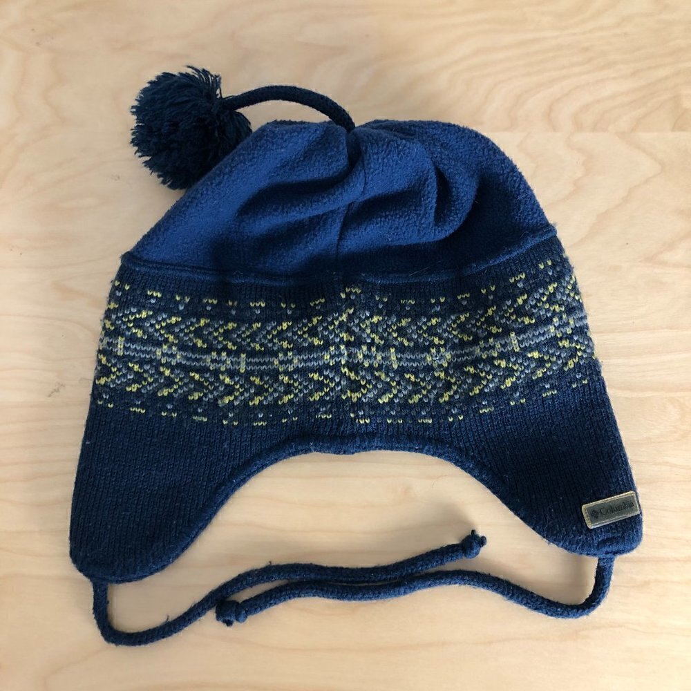 Columbia Knit Beanie Boy's One Size Blue & Yellow Fair Isle Earflaps Pom Pom